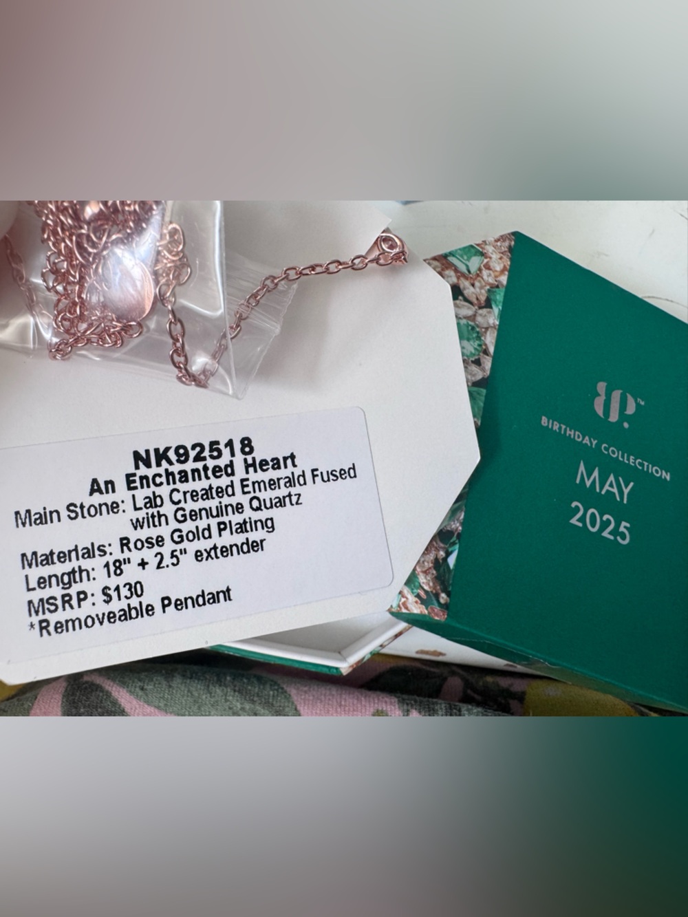 May 2025 Rose Gold 'An Enchanted Heart' Necklace - Lab Created Emerald & Quartz